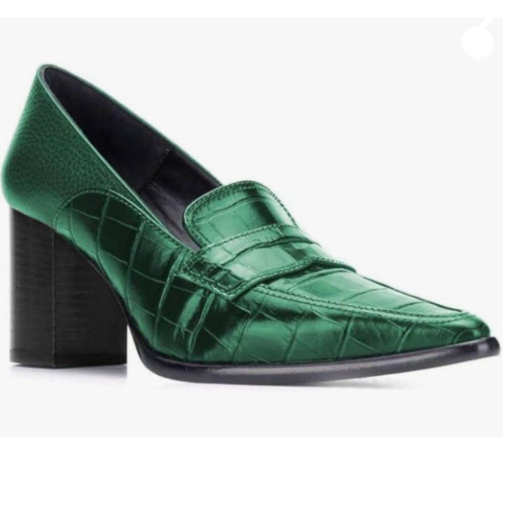 FOWT Green Crocodile Loafers High Block Heel Slip On Pumps Woman Textured Shoes
